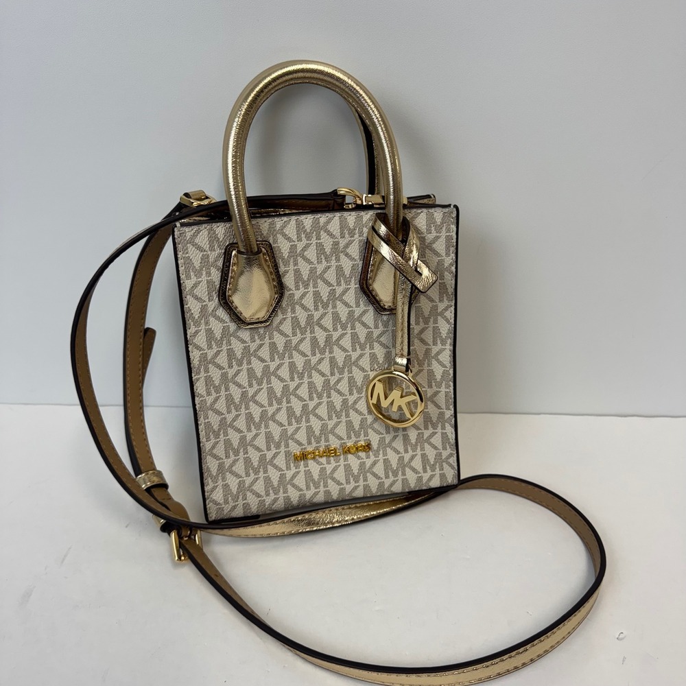 Michael Kors Mercer XS‎ North South Shopper Crossbody Bag Vanilla Gold Logo